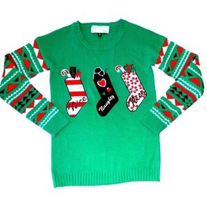 With Love, Derek Size M Naughty & Nice Appliquéd Sockings on Green Sweater